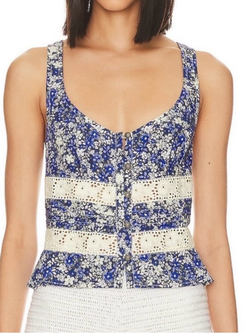 NWT Free People Blue Floral Lace Trim Open Back Tank